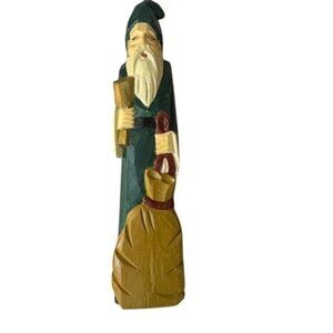 Hand-Carved Wooden Santa Figurine In Green Robe With Gift Bag Christmas Decor